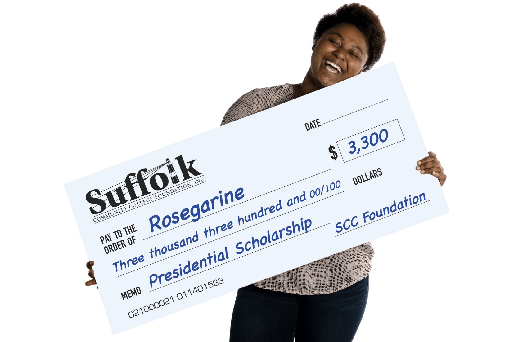 Female Student Holding a Scholarship Check for $3,000