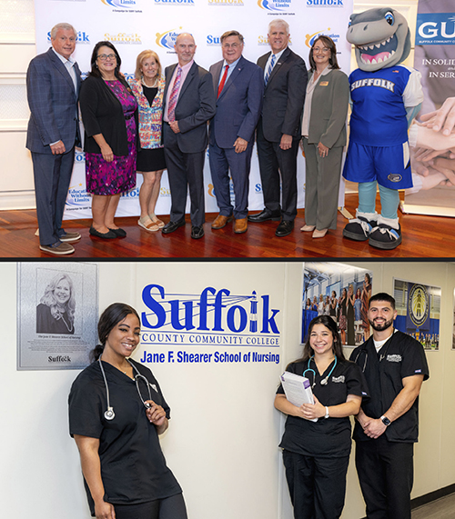 Pictured in the first group photo are (left to right): John Vidovich (Jane's brother); Mary Lou Araneo, College Vice President for Institutional Advancement; Laurie Vidovich (Jane's sister-in-law); Doug Shearer (Jane's husband); Suffolk County Executive Ed Romaine; College President Dr. Edward Bonahue; and College Dean of Nursing Dr. Cheryl Shaffer. Second photo includes Suffolk County Community College nursing students in front of the new college signage. Hi-res photos available at: https://photos.app.goo.gl/iAGhdvvEXY8Rgmsj6