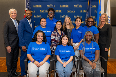 Photo Caption: (top row left-to-right) Dr. Edward Bonahue, SUNY Suffolk President; Dr. Gerome Bell, ASAP Program Director; ASAP Student Jacqueline Pinez; ASAP Student Ashley Virgile; ASAP Student Rosangel Peralta Plasencia; Donna Linderman, Senior Vice Chancellor for Student Success at SUNY; ASAP Student Vanessa Fernandez; ASAP Student Rudean Smith; Sonya Lorrain, ASAP Advisor; (bottom row left-to-right) ASAP Student Ilsa Anatra; ASAP Student Yanci Castro; ASAP Student Omowunmi Adebajo. For a hi-res image, visit: https://photos.app.goo.gl/kGNbcAyJr6cKy1167